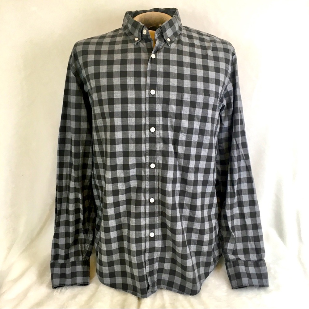 J Crew Shirt Mens XL Cotton Button Up Long Sleeve Black Gray Plaid